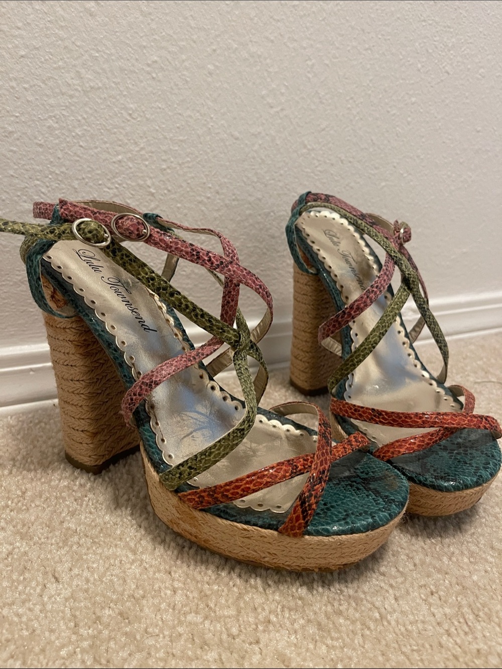 Lulu Townsend Teal, Coral & Olive Snakeskin Platform Sandals